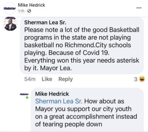 Mayor Sherman Lea's Facebook comment